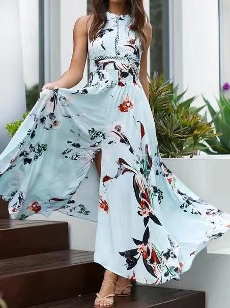 Floral Side Slit Hanging Neck Drop Shoulder Dress Party floral dresses