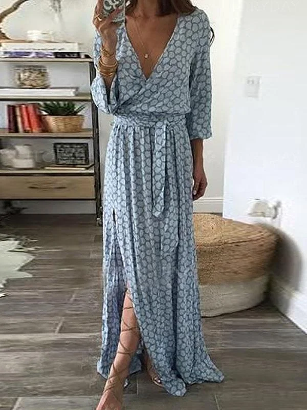 Mid Sleeve Floral Sexy V-neck Wide Hem Long Dress Spring floral dresses