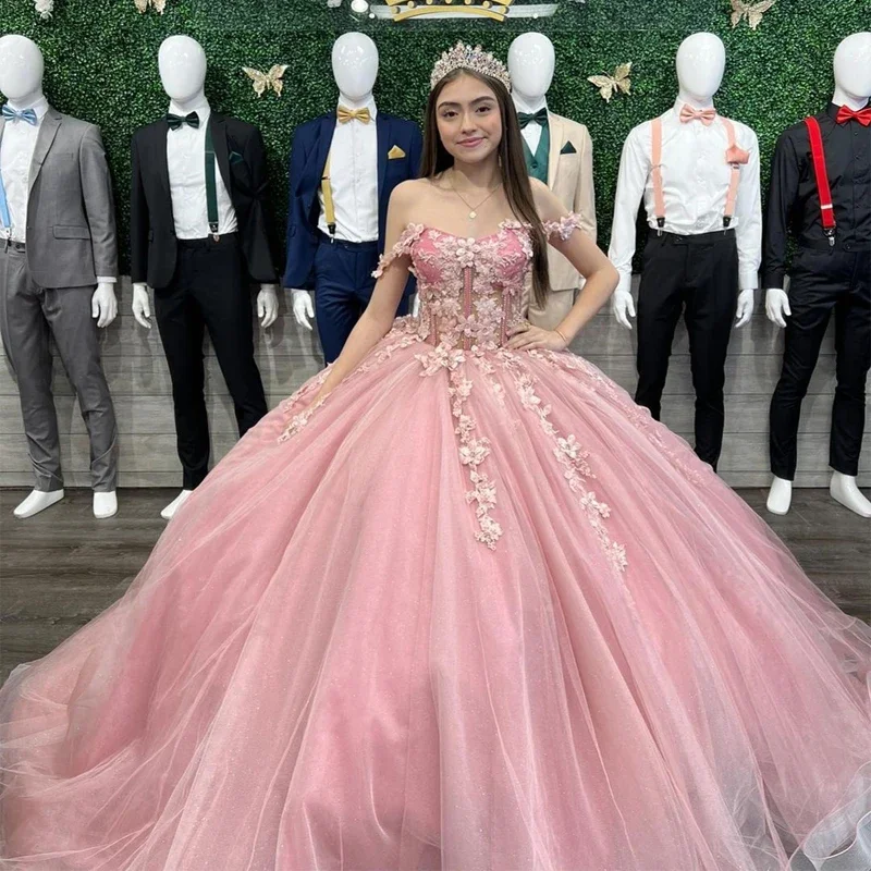 Pink Floral Quinceanera Dresses Off Shoulder 3D Flower Lace Appliques Birthday Party Ball Gown Vestidos De 15 Anos Plus size floral dresses