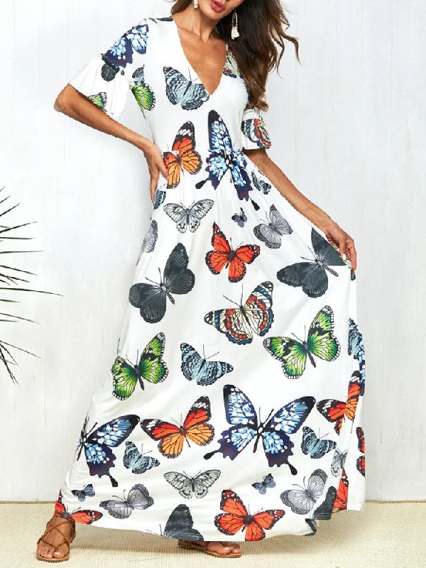 Print Butterfly Short Sleeve V-neck boho long Dress Floral dresses under $50