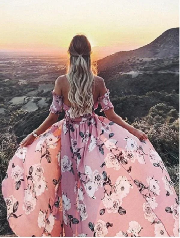 Sexy Off Shoulder High Split Floral Boho Causal Dress Best floral dresses for work