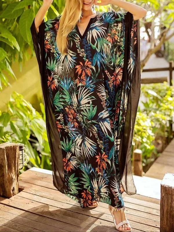 Tropical Floral Print Kaftans Batwing Sleeve V-neck Beach Caftans Dress Best floral dresses for hourglass body shape