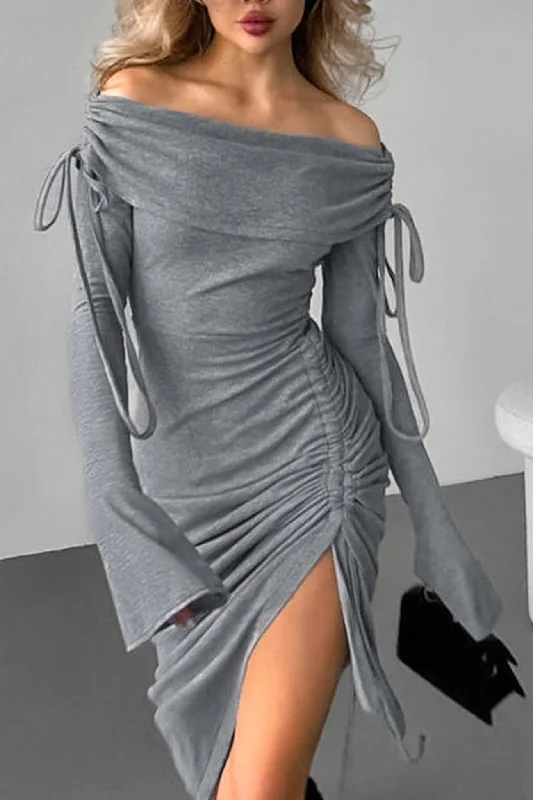 Boat Neck Drawstring Slit Dress Lounge unclassified dresses