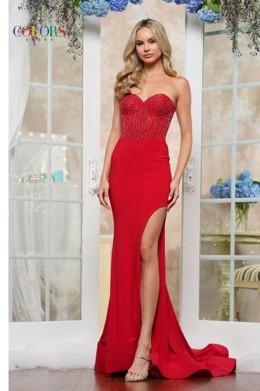 Colors Dress -3579 Fitted Strapless Beaded Sheath Dress Knitted unclassified dresses