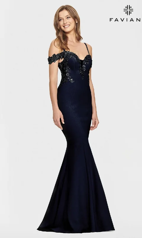 Faviana Cold-Shoulder Navy Blue Prom Dress S10866 Chiffon unclassified dresses