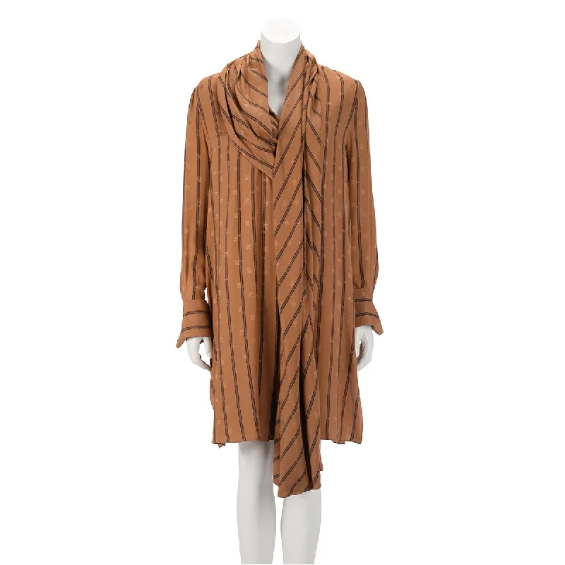 Fendi Tan Striped Silk Karligraphy Dress IT 42 Neutral tone unclassified dresses