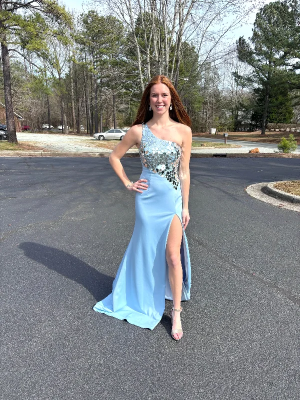 JOVANI 22410 Light Blue One Shoulder Dress with Asymmetric Cut Glass Bodice Everyday wear unclassified dresses