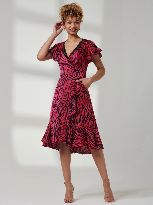 Julissa Satin Flare Hem Dress, Magenta Animal Wrap unclassified dresses