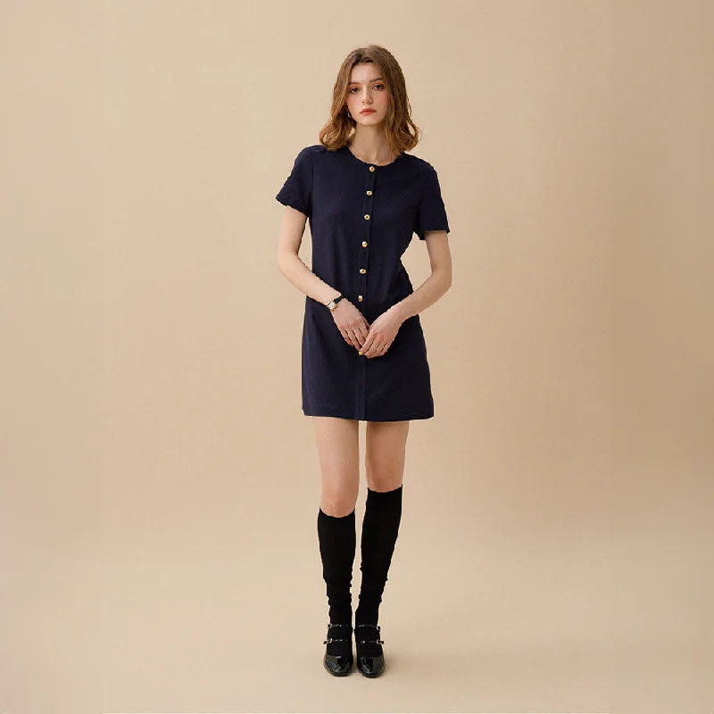 LENTINA Linen Button Dress - Navy Vacation unclassified dresses