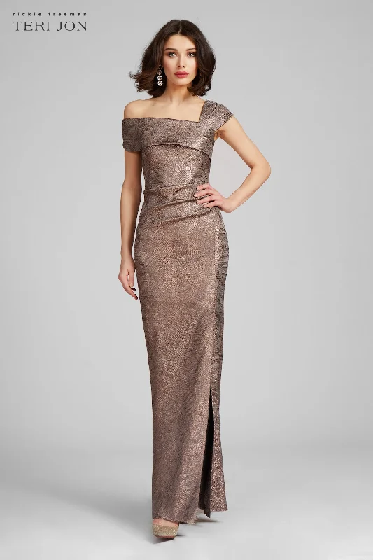 Metallic Jacquard Asymmetrical Shoulder Gown Stylish unclassified dresses