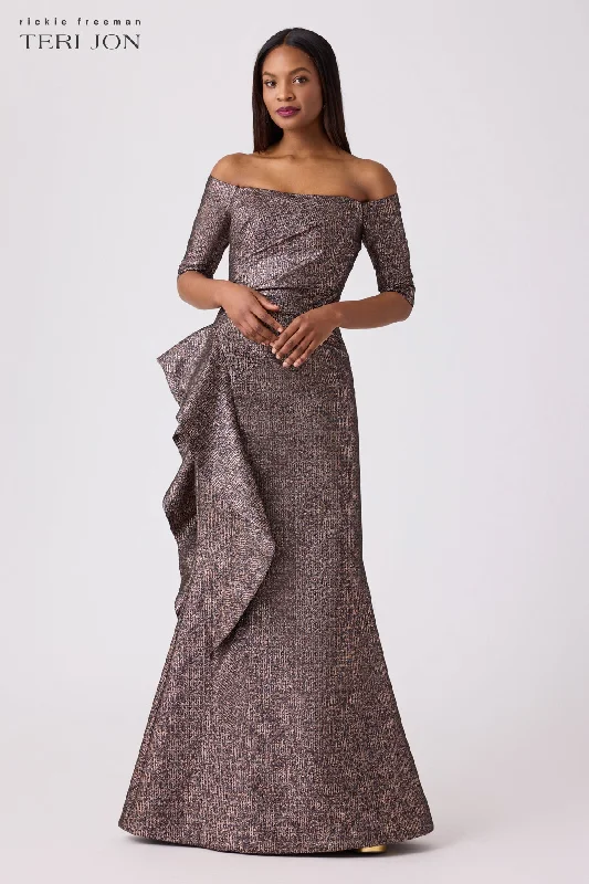 Metallic Jacquard Off The Shoulder Ruffle Gown Budget-friendly unclassified dresses