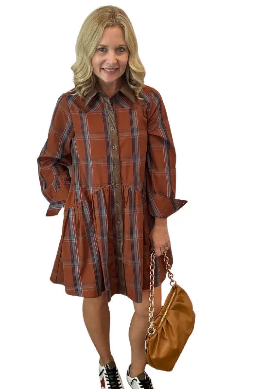 Plaid Button-Down Dress with Leather Detail Designer unclassified dresses