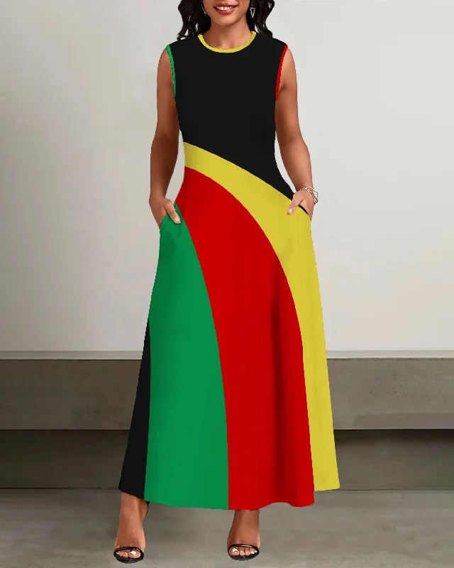 Round Neck Reggae Stripe Pockets Casual Dress Breathable unclassified dresses