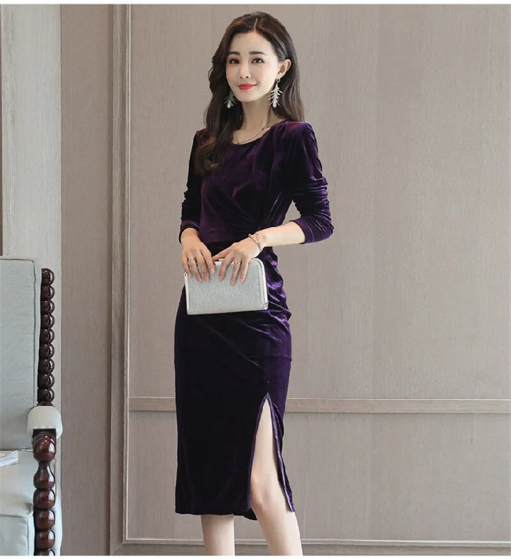 Round Neck Slit Velvet Dress CODE: READY817 Neutral tone unclassified dresses