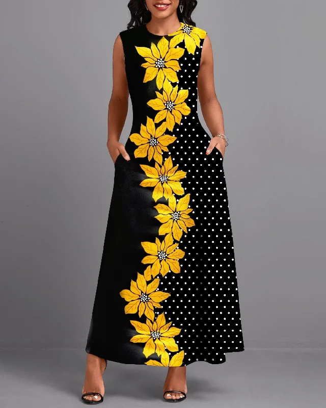 Round Neck Yellow Flower Polka Dot Stitching Pockets Casual Dress Festival unclassified dresses