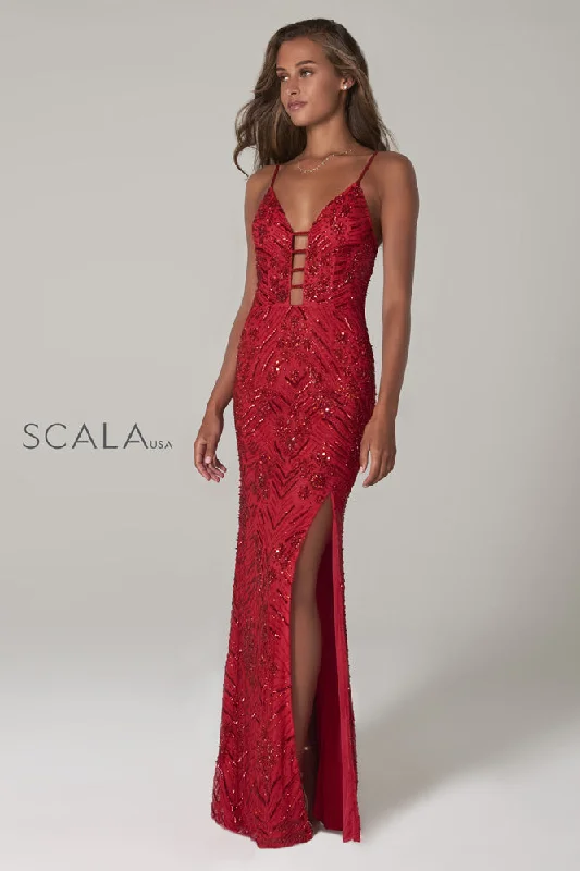 SCALA -60101 Beaded Asymmetric V-Neck Dress Graduation unclassified dresses