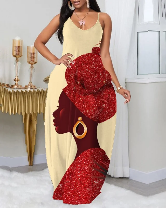 Sling African Woman Red Headscarf Pocket Dress Lounge unclassified dresses