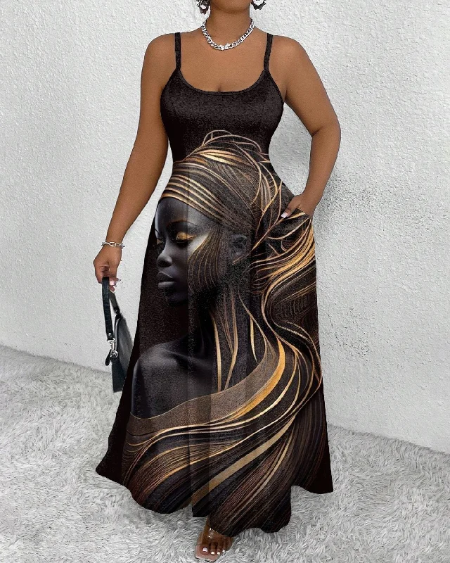 Sling Black Women Art Pocket Dress Designer unclassified dresses