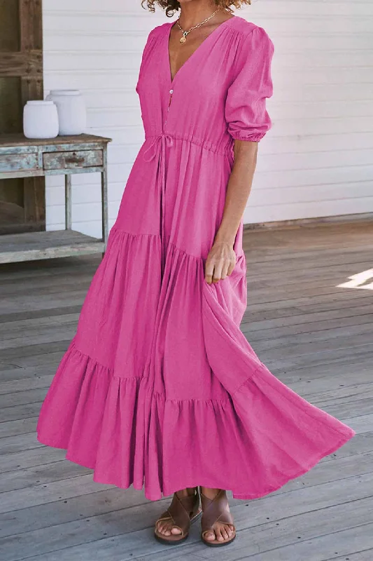 Solid Button Down Tiered Half Sleeve Dress Summer unclassified dresses