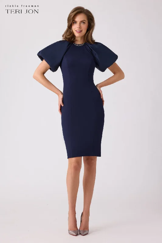 Taffeta Puff Sleeve Crepe Sheath Dress Silk unclassified dresses