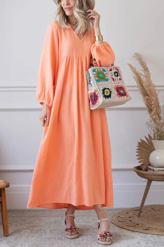 V Neck Lantern Sleeve Cotton Dress Winter unclassified dresses