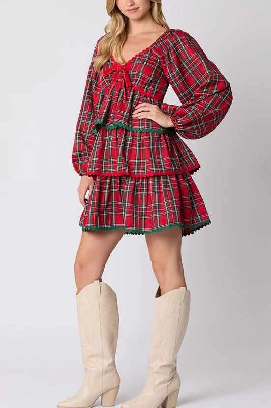 V Neck Plaid Puff Sleeve Tiered Dress Casual unclassified dresses