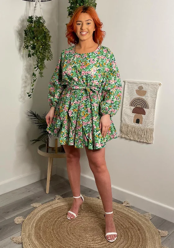 Seventy1 One Size Floral Batwing Sleeve Mini Dress, Green High-Waist Skirt Look