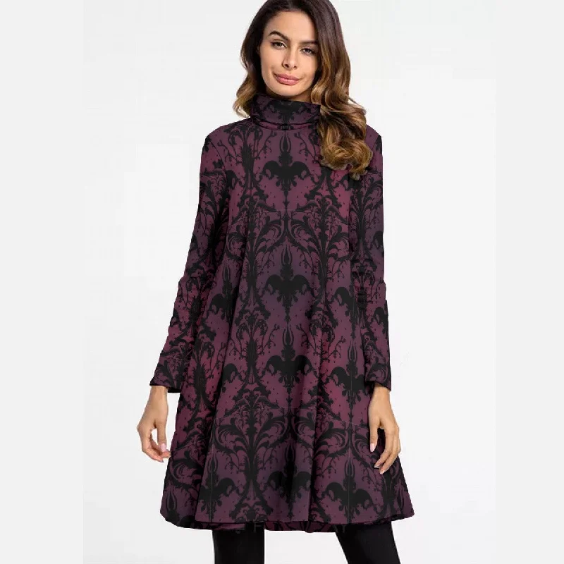 Gothic Purple And Black High Neck Dress With Long Sleeve Bold Maxi Skirt