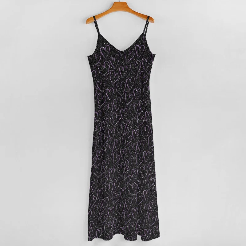 Purple Sparkling Hearts Sling Ankle Long Dress Summer Floral Maxi
