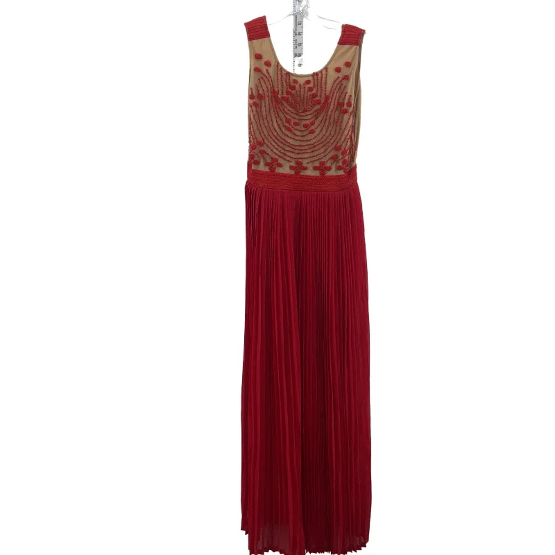 Rina Dhaka Red/Beige Sleeveless Embroidered Women's Long A-Line Dress, Size 8P Flowing Boho Skirt