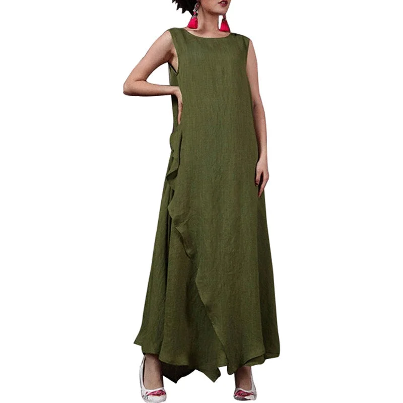 Women's Summer O-Neck Sleeveless Long Dress Pleated Floral Maxi