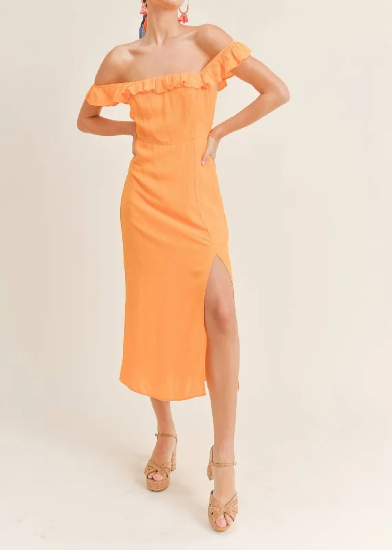 Tropicana Off The Shoulder Midi Dress In Orange Tulle A-line Skirt