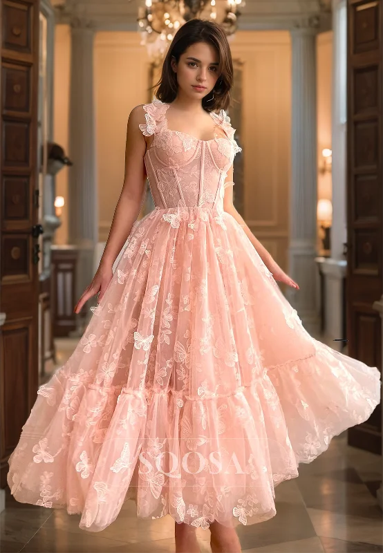 Spaghetti Straps Sweetheart Sleeeless A-Line Prom Dress Allover Lace Butterfly Applique Evening Gowns Lace Dress Casual