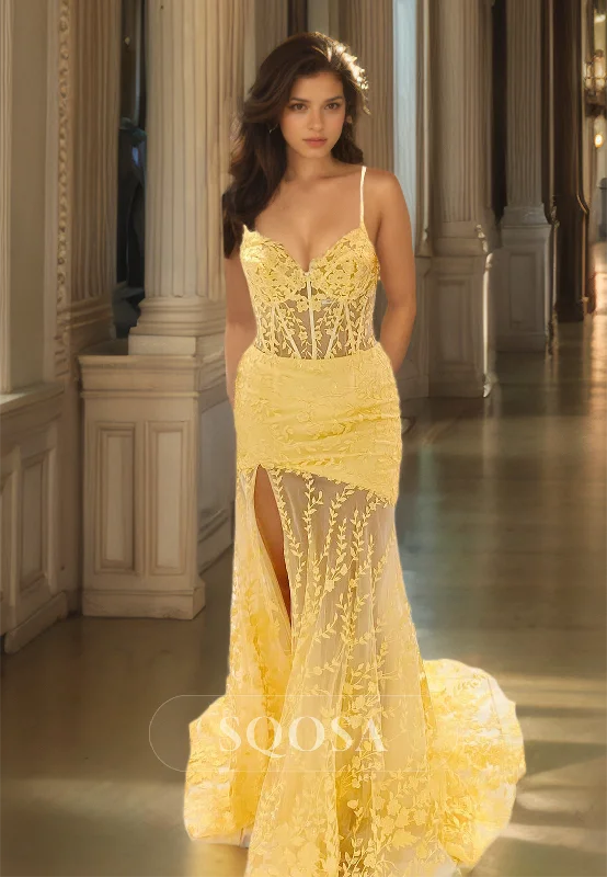 Spaghetti Straps V-Neck Sleeveless Allover Lace Applique Sheer Train Mermaid Prom Dress with High Slit Sexy Lace Gown