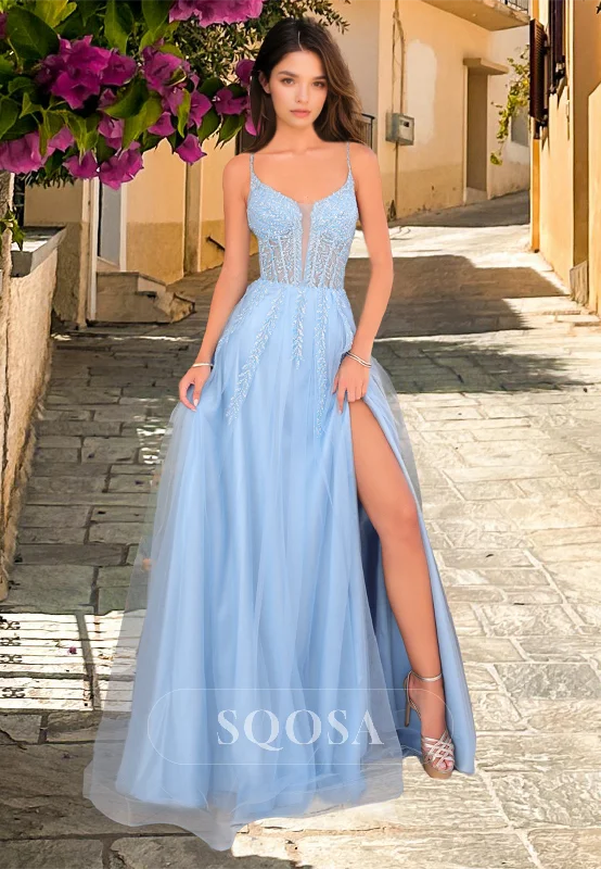 Spaghetti Straps Scoop-Neck Pleated Evening Gowns Sleeveless Lace Applique A-Line Prom Dress Lace Dress Day