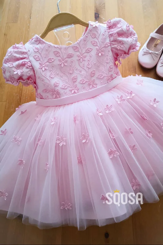 A-line Short Sleeves Lace Pink Flower Girl Dress Cute First Communion Dress QF1018 Lace Dress Lookbook