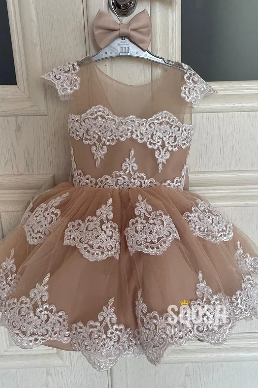 A-line Scoop Lace Appliques Champagne Flower Girl Dress First Commuinon Dress QF1023 Lace Dress Sleek