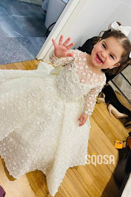 Ball Gown Scoop Long Sleeves Lace Flower Girl Dress Cute First Communion Dress QF1025 Blue Lace Dress