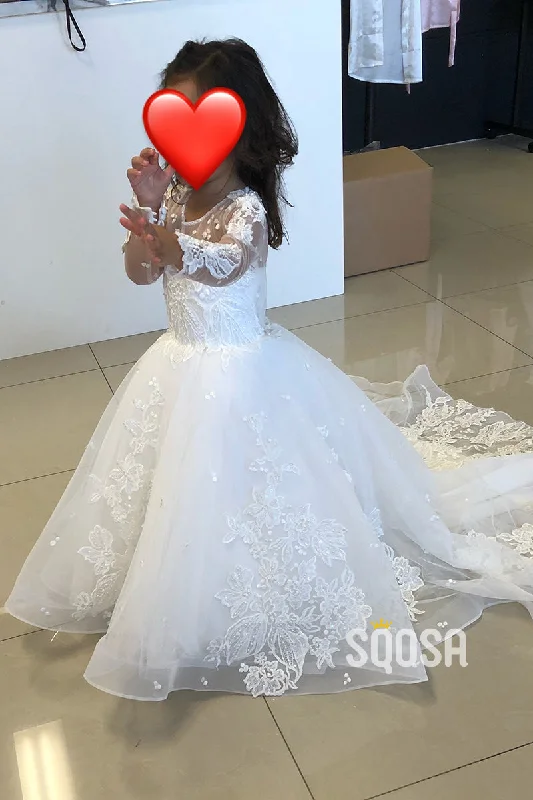 A-line Scoop Lace Appliques Long Sleeves Cute Flower Girl Dress First Communion Dress QF1028 Lace Fit-and-Flare