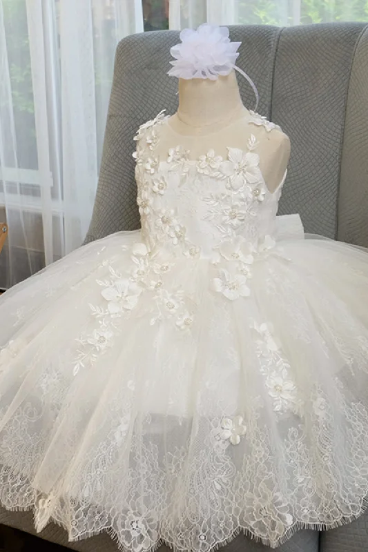 Chic Bateau Appliques Cute Flower Girl Dress Lace First Communion Dress QF1045 Elegant Lace Design