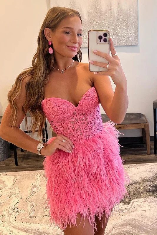 Sheath/Column Sweetheart Lace Appliques Feathers Pink Cute Homecoming Dress QH2328 Lace Bodycon Dress